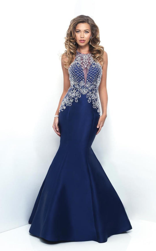 Blush - Ornate Illusion Mikado Trumpet Gown 11332 in Blue