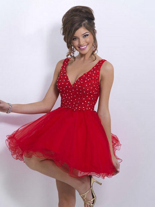 Blush - X150 Bedazzled V-neck A-line Dress In Red