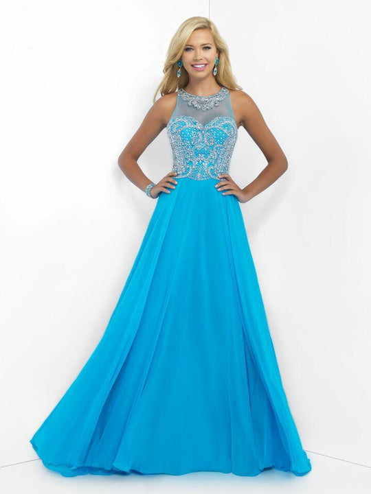 Blush - X313 Crystal Ornate Illusion Halter Gown In Blue