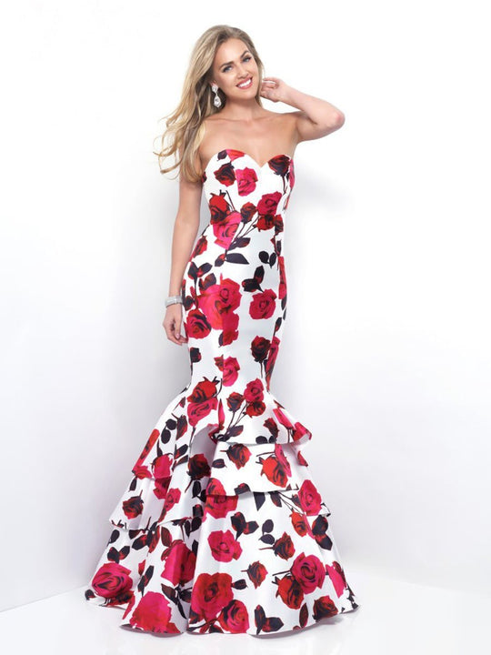 Blush - X418 Strapless Rose Printed Mikado Long Gown In Red and Print