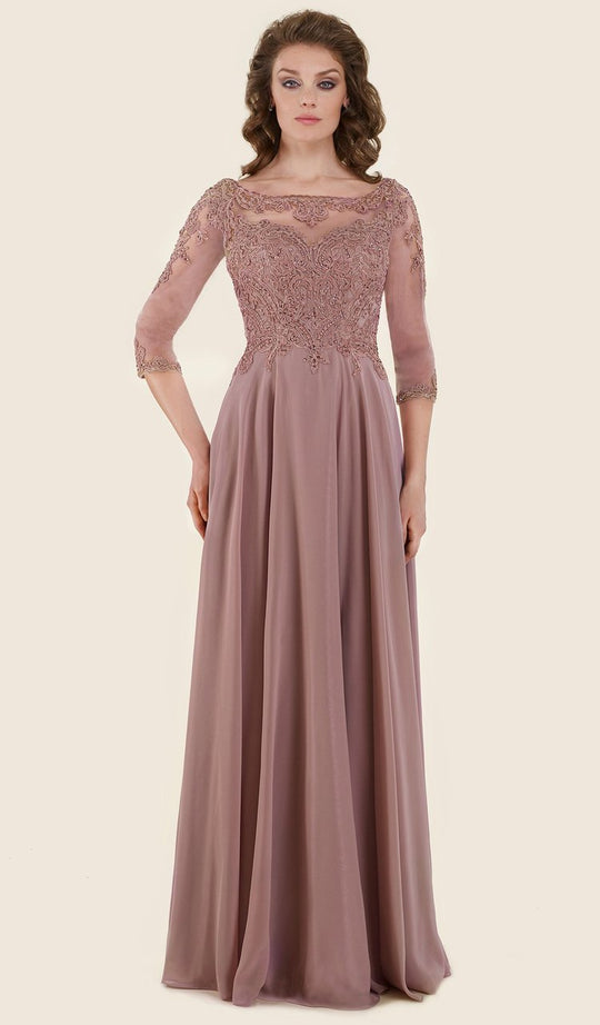 Rina Di Montella - RD2606 Beaded Lace Bateau Chiffon A-line Gown in Pink