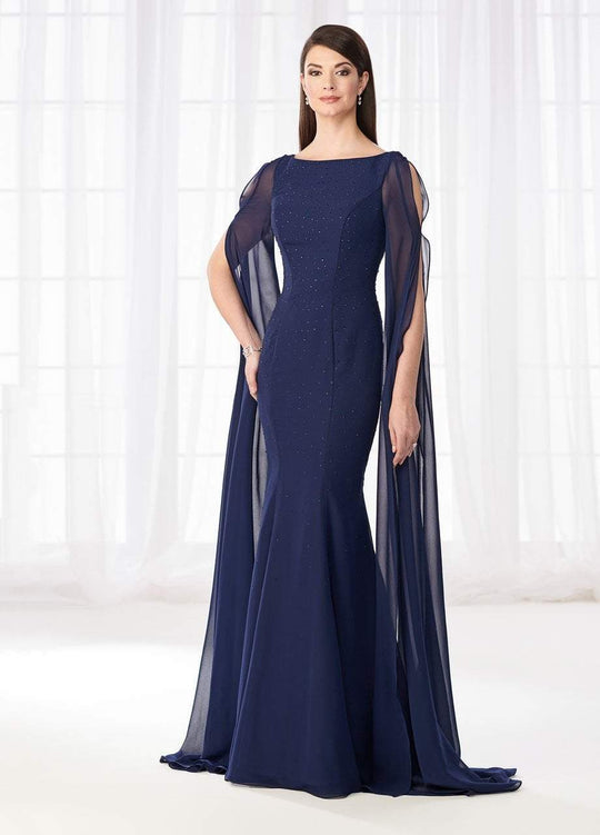 Cameron Blake - 218627 Beaded Trumpet Gown with Long Built in Shawl in Blue