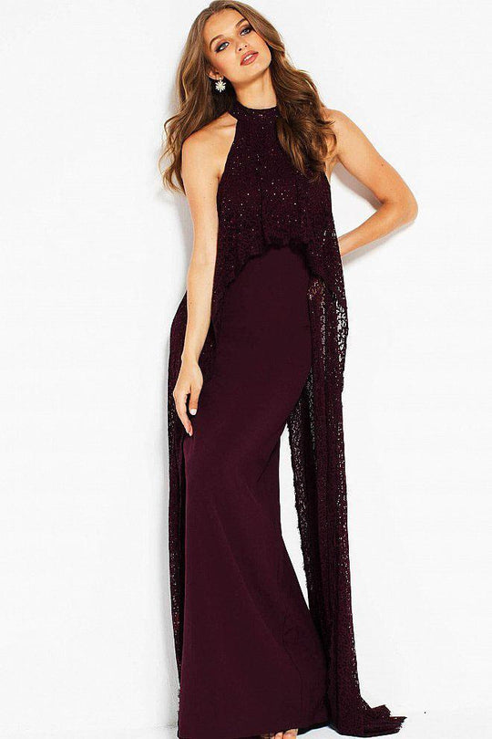 51570 Bead Embellished Lace Overlay High Halter Dress