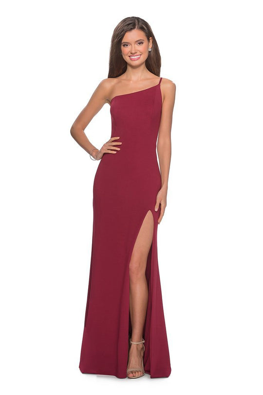 La Femme - 28176 One Shoulder Fitted Jersey Dress with High Slit In Red