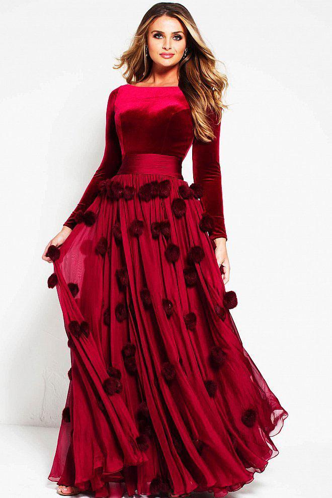 48730 Fur Poms Bateau Long Sleeves Evening Gown