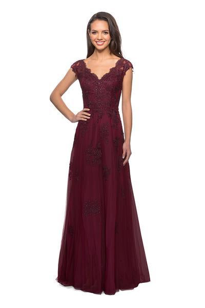 la Femme - 26942  V Neck Floral Lace Appliqued A-Line Tulle Gown In Red