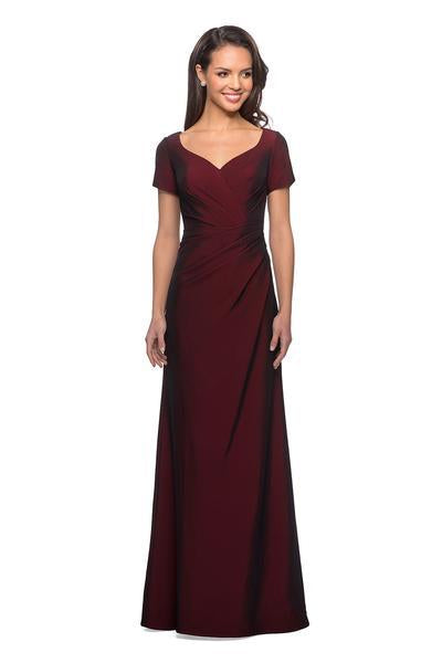 La Femme - 27855 Pleat-Ornate Short Sleeve A-Line Dress In Red