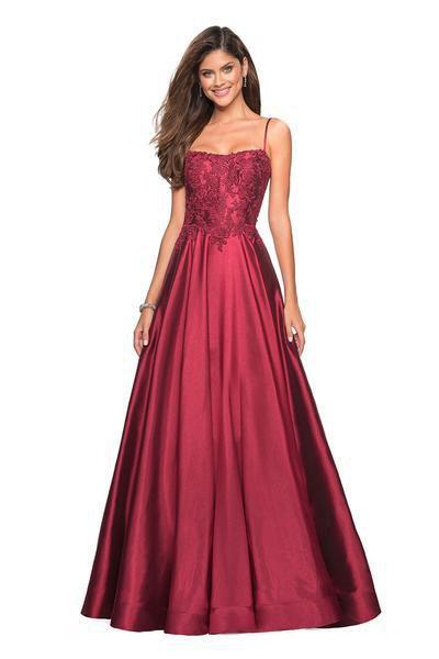 La Femme - 27222 Sleeveless Lace Applique Mikado A-Line Gown In Red