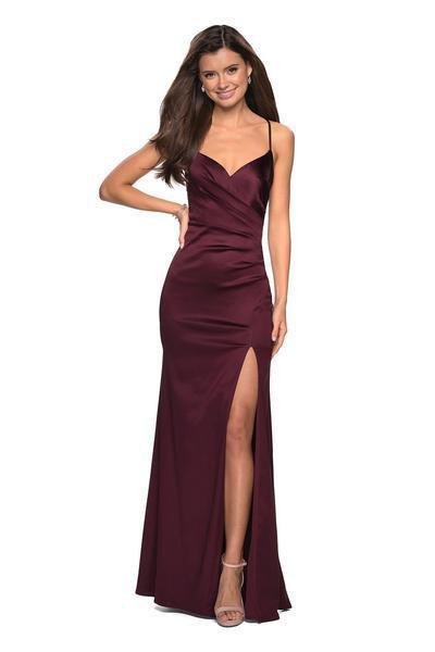 La Femme - 27782 Ruched V-neck Stretch Satin Trumpet Dress In Red