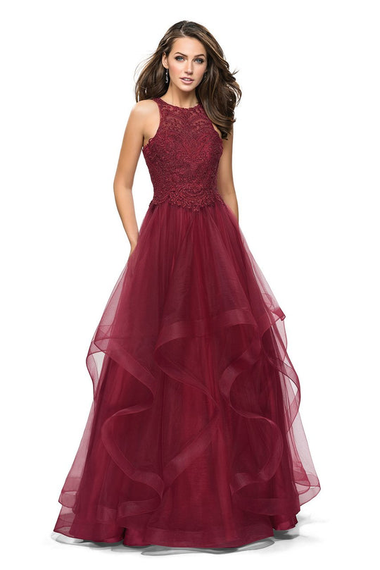 La Femme Gigi - 26386 Embellished Halter Neck Tiered A-line Gown In Red