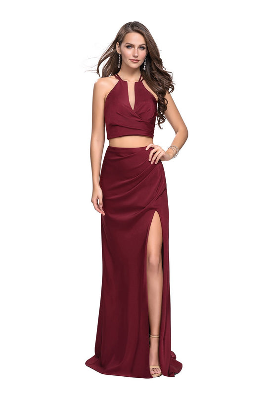 La Femme - Two Piece Deep V-neck Ruched Sheath Dress 25731 In Red