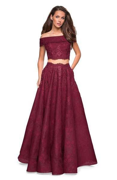 La Femme - 27028 Two-Piece Off Shoulder Scalloped Lace Gown In Red
