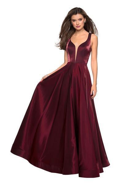 La Femme - 27049 Two Tone Satin Cutout Back A-Line Prom Dress In Red