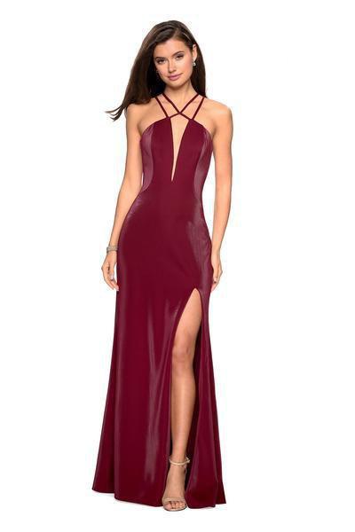 La Femme - 26963 Strappy Halter Cutouts Gown with Slit In Red