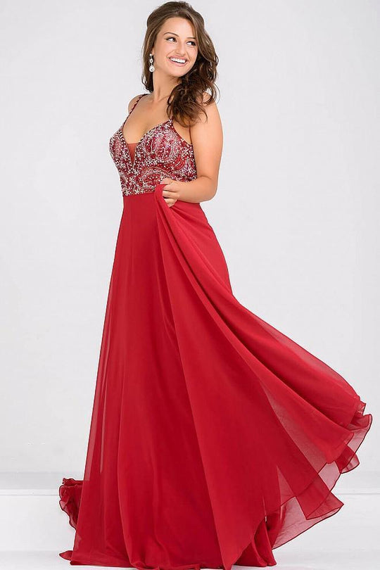 Beaded Bodice Open Back Chiffon Dress JVN33701