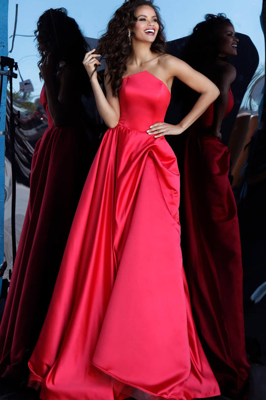 Jovani - 67730 Strapless Triangle Neckline Satin A-Line Gown In Red