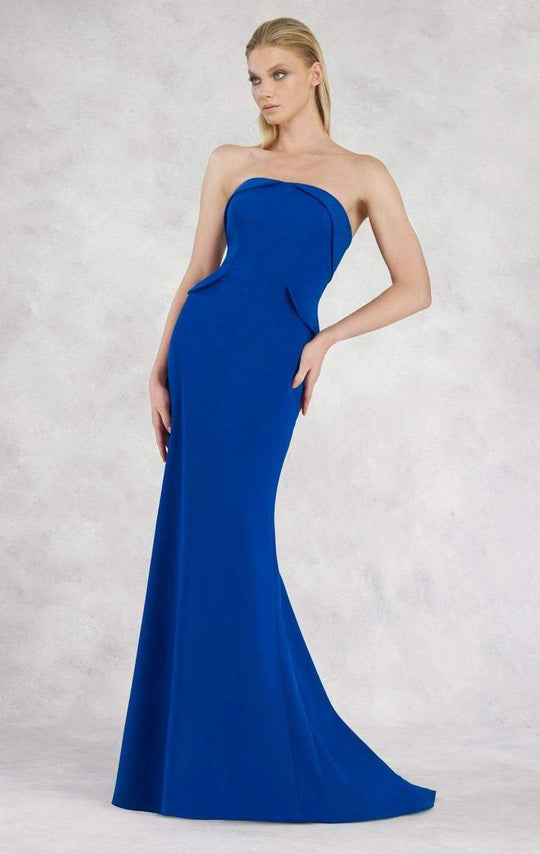 Janique - C1167 Strapless Folded Neck Peplum Detail Gown in Blue