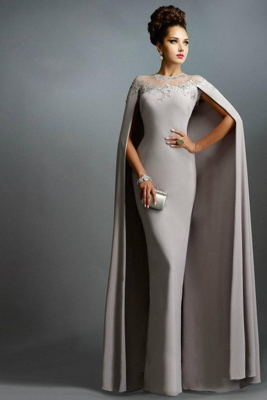 Janique - Long Fitted Gown with Cape C1168 in Gray
