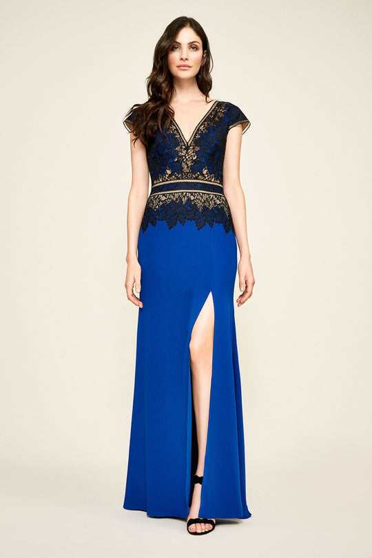 Tadashi Shoji - Two Tone Lace V-neck Fitted Dress In Black and Blue