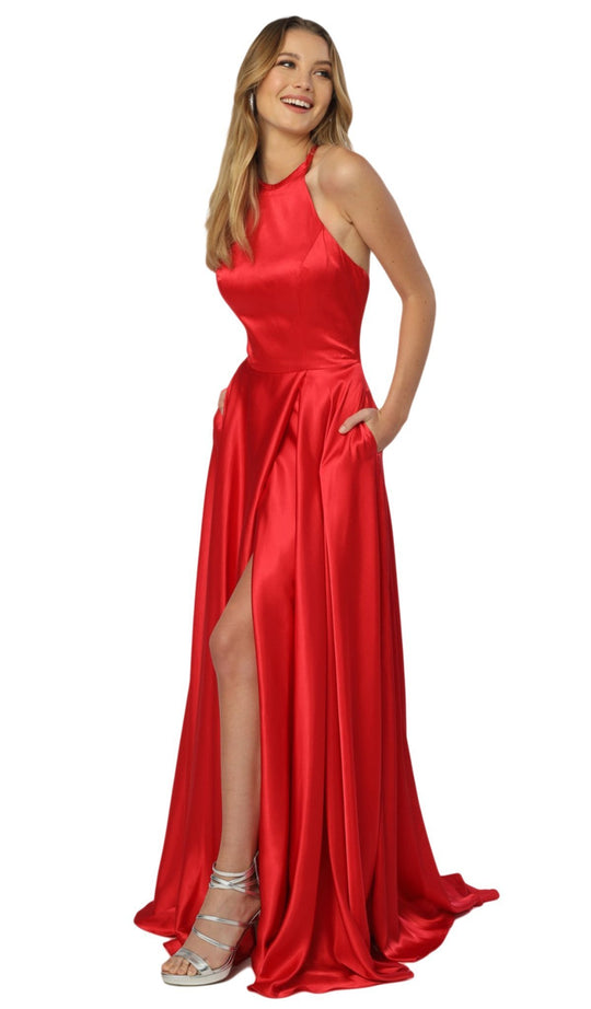 Nox Anabel - C209 Halter Corset Back High Slit Gown In Red