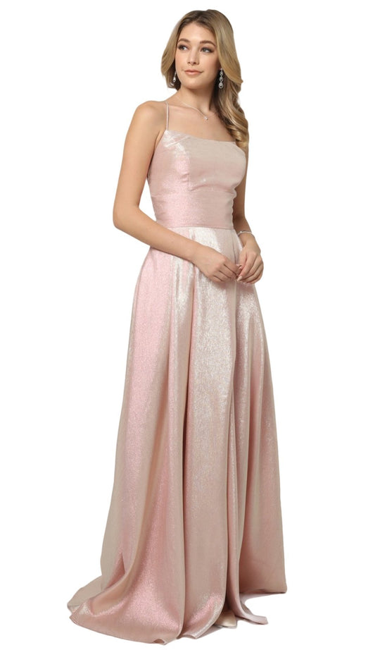 Nox Anabel - C241 Metallic Crisscross Open Back A-Line Gown In Pink