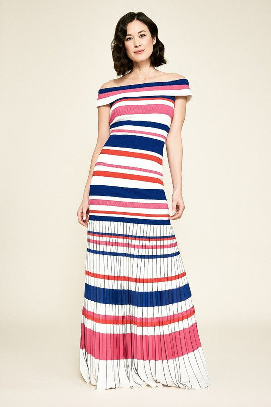 Tadashi Shoji - Striped Off-Shoulder A-line Dress In Pink and Multi