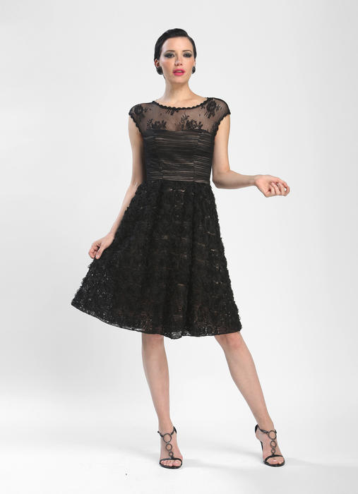 Sue Wong - C3536 Mesh Capsleeve Rosette Cocktail Dress in Black and Neutral