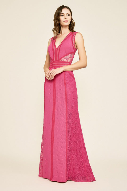 Tadashi Shoji - Laced V-Neck and Back Column Dress In Pink