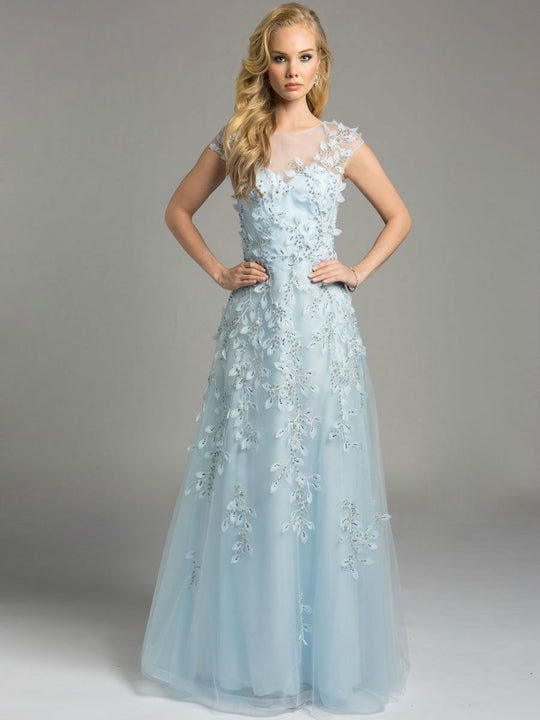 Lara Dresses - Sheer Appliqued Illusion A-Line Evening with Rhinestone and Pearl Embellisments Dress 33217 in Blue