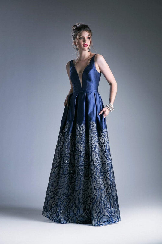 Cinderella Divine - C80142 Deep V Neckline Printed Satin Gown In Blue