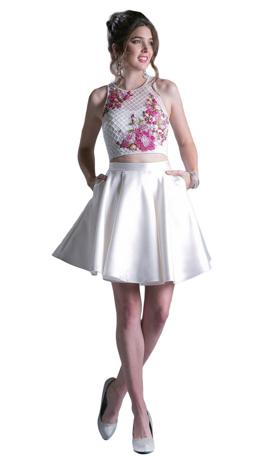 Cinderella Divine - C80192 Two Piece Floral Applique A-line Dress In White