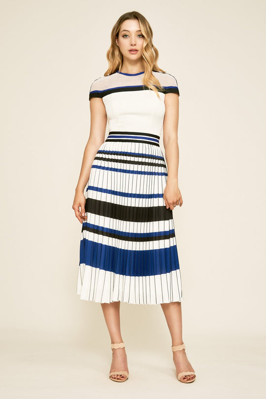 Tadashi Shoji - Vonn Pleated Crepe Tea-Length Dress In Blue and White