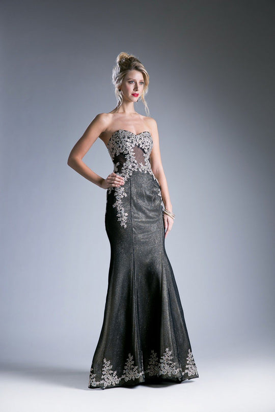 Cinderella Divine - C80301 Beaded Lace Sweetheart Trumpet Dress In Black and Gold