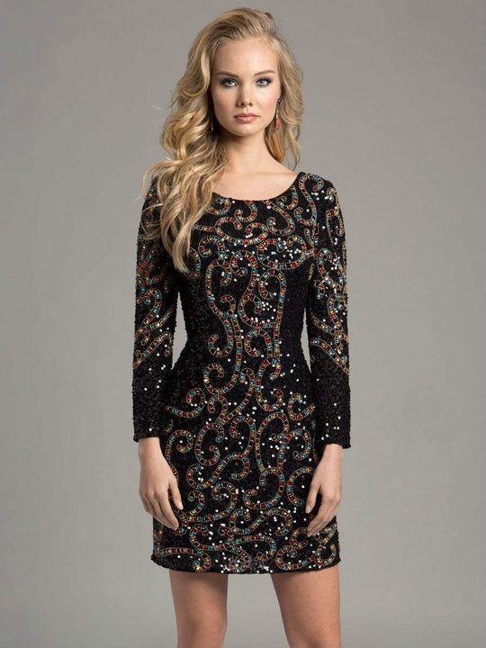 Lara Dresses - Long Sleeved Multi-Color Gem Embellished Short Cocktail Dress 33007 In Black and Multi-Color