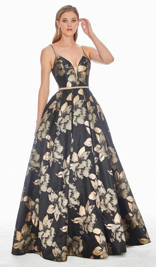 Ashley Lauren - 1395 Deep V-neck Floral Brocade Pleated Ballgown In Multi-Color