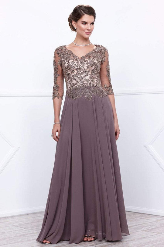 Nox Anabel - 5144 Quarter Sleeve Embroidered Illusion Gown in Brown