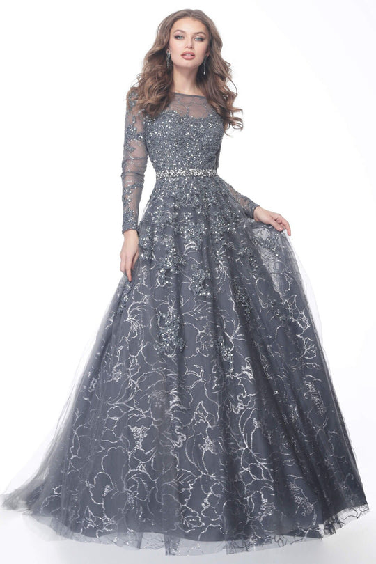 Jovani - 51838 Embroidered Long Sleeve Bateau Ballgown In Gray