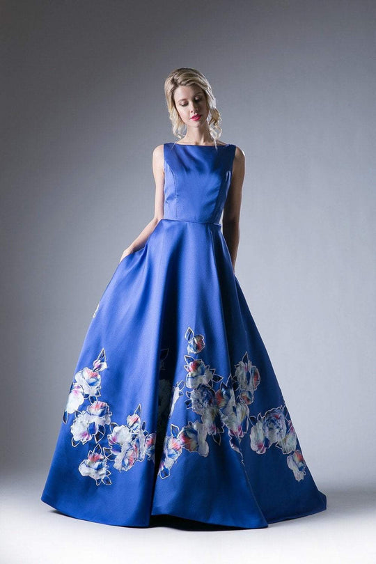 Cinderella Divine - CA303 Satin Floral Sleeveless Ballgown In Blue