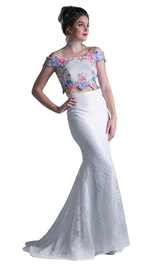 Cinderella Divine - CA314 Two Piece Floral Embroidered Mermaid Dress In White