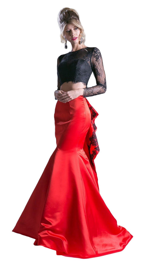 Cinderella Divine - CA318 Two Piece Lace Mikado Ruffled Mermaid Dress In Red and Black
