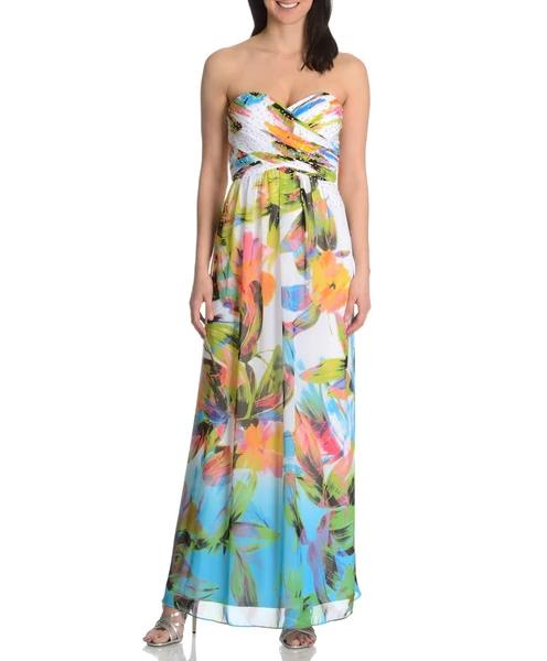 Cachet - Embellished Pleated Printed Dress 56606 in White and Multi-Color