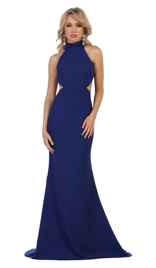 May Queen - MQ1591 High Neck Cascading Tie-Ribbon Gown In Blue