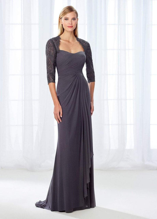 Cameron Blake - 118681 Queen Anne Illusion Lace Pleated Sheath Gown In Gray