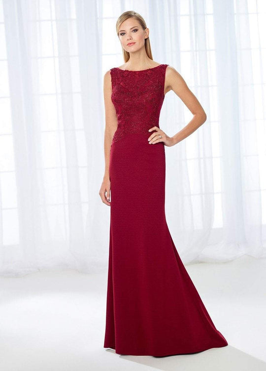 Cameron Blake - 118684 Shimmering Bateau Beaded Lace Jersey Gown In Red