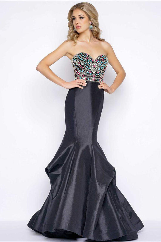 Satin Mermaid Gown with Beaded Bodice 65915A in Black and Multi-Color