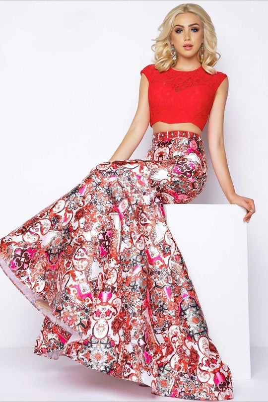 Two Piece Floral Taffeta Gown 65935A in Red and Multi-Color