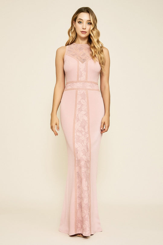 Tadashi Shoji - Fitted Sleeveless Laced Neckline Trumpet Dress In Pink