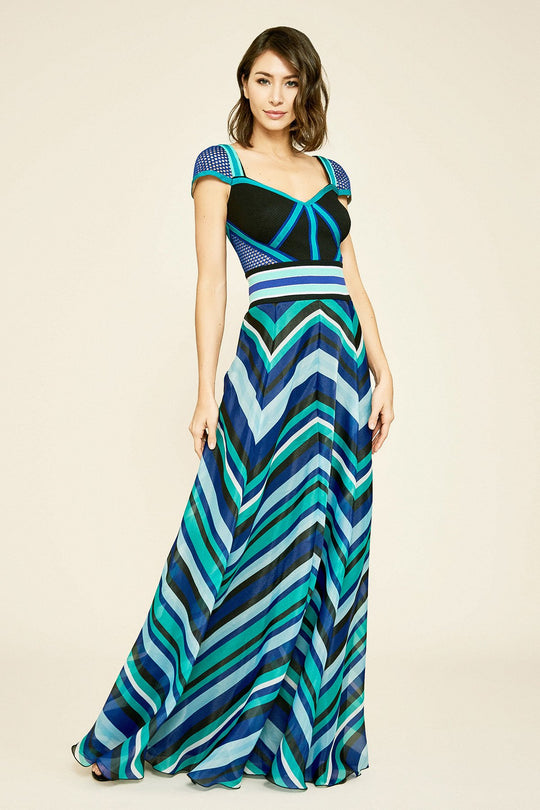 Tadashi Shoji - Cap Sleeves Sweetheart A-Line Dress In Blue and Multi