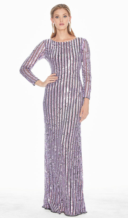 Ashley Lauren - 1453 Sequined Long Sleeve Bateau Sheath Dress In Purple and Multi-Color