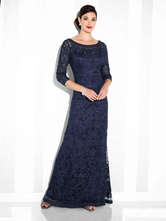 Cameron Blake - 115604SL Illusion Embroidered Lace Gown in Blue